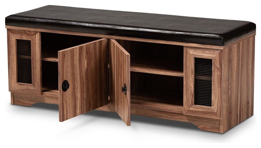 Modern Dark Brown Faux Leather 2- Door Wood Shoe Storage with Screen Inserts