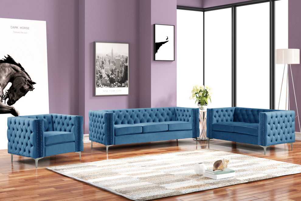 Rebekah 3 Piece Velvet Living Room Set, Gery, Navy Blue, 19''Hx70''Wx24'' D