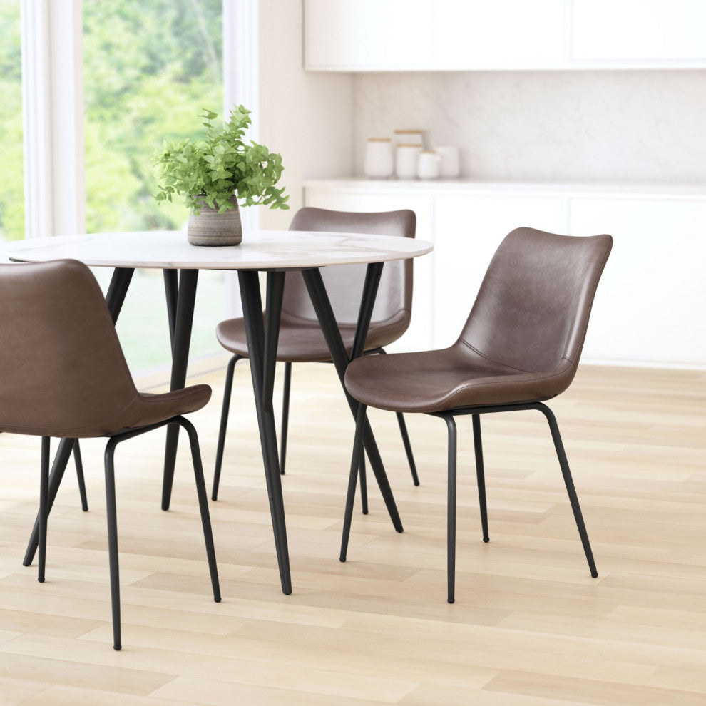 Dining Chair, Set of 2, Faux Vinyl Leather, Steel, Brown, Black, Mid Century