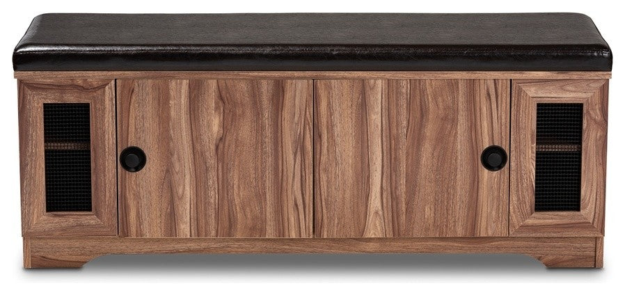 Modern Dark Brown Faux Leather 2- Door Wood Shoe Storage with Screen Inserts