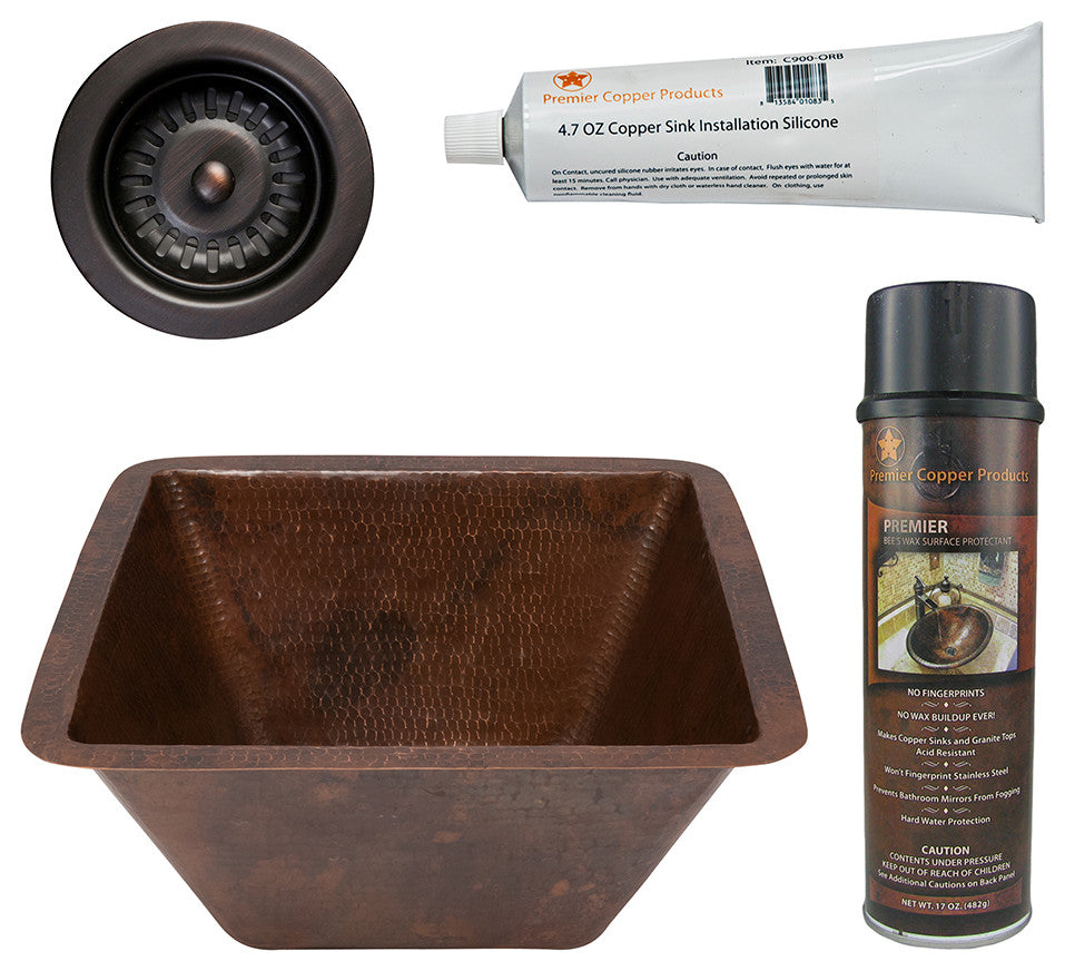 15" Square Hammered Copper Bar/Prep Sink, 3.5" Drain Opening