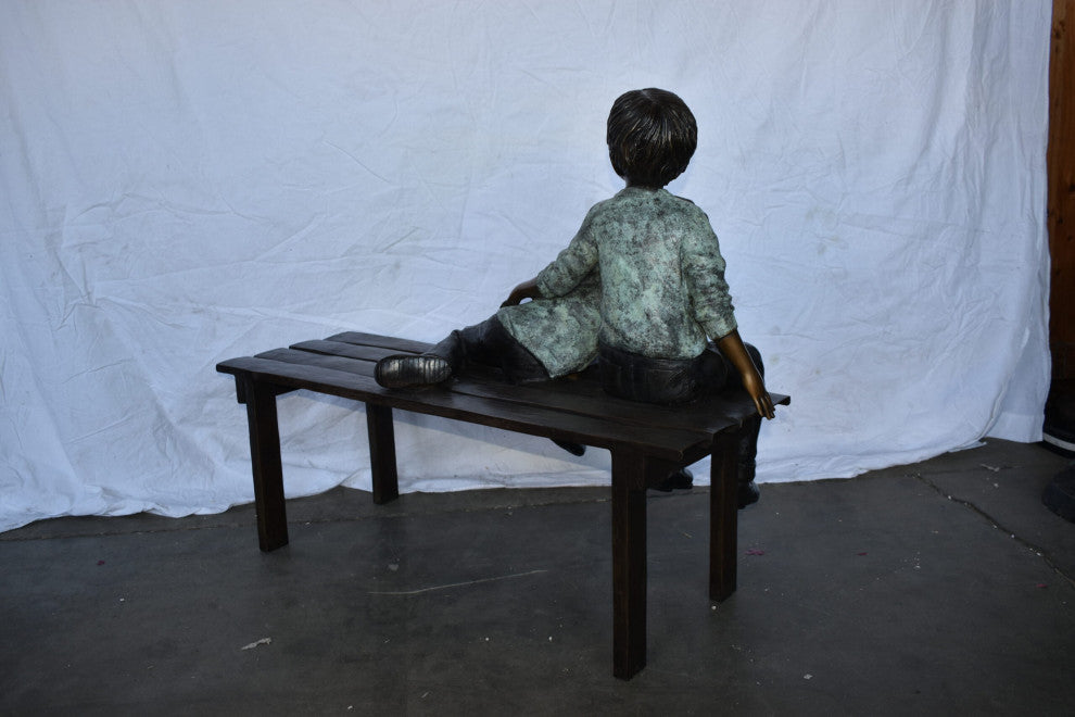 Brother and Sister on A Bench Enjoying Outdoors Bronze Statue 18" x 39" x 33"