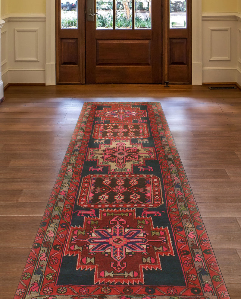 Fine Vintage Distressed Theo Red/Charcoal Runner, 3'5x10'6