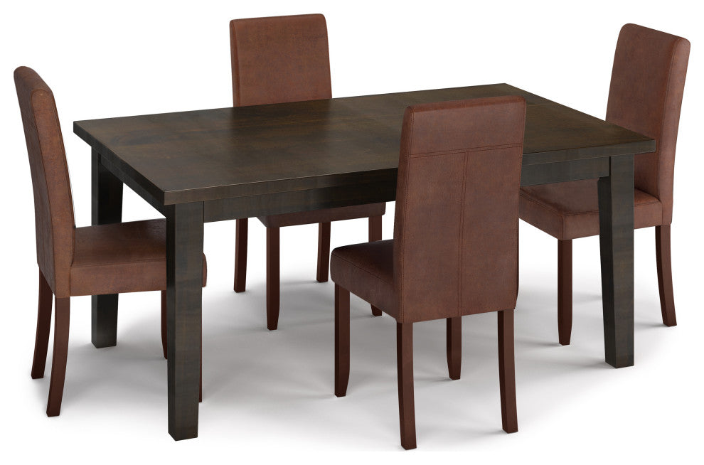 Acadian Solid Hardwood 5 Piece Dining Set, Distressed Saddle Brown