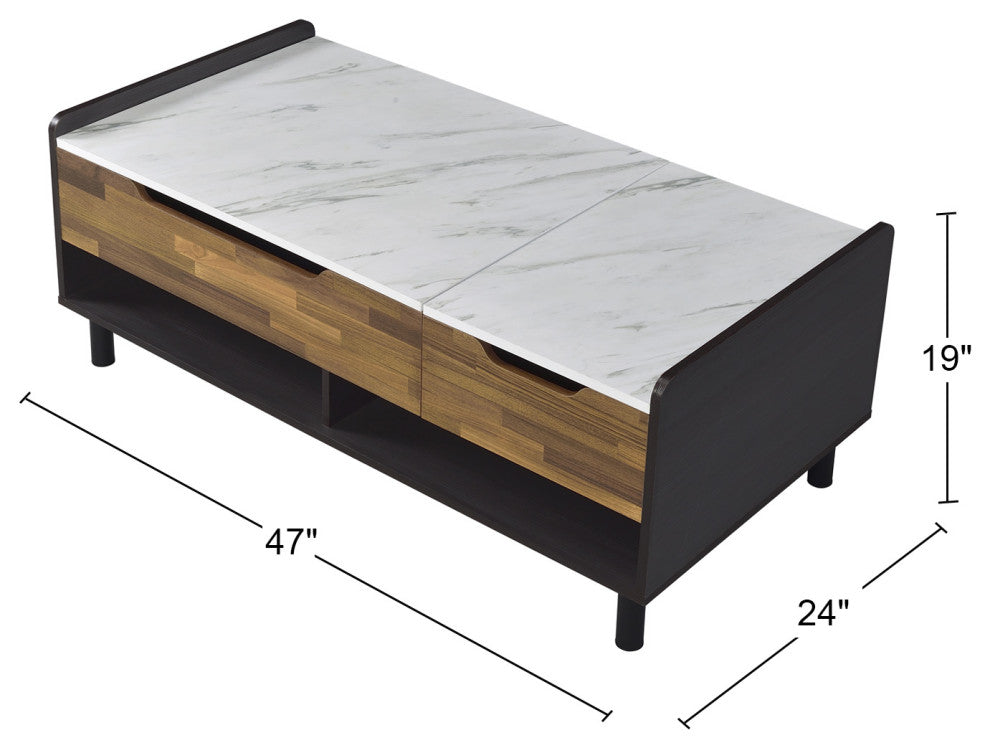 Lift White Marble Top Coffee Table, Black and Walnut