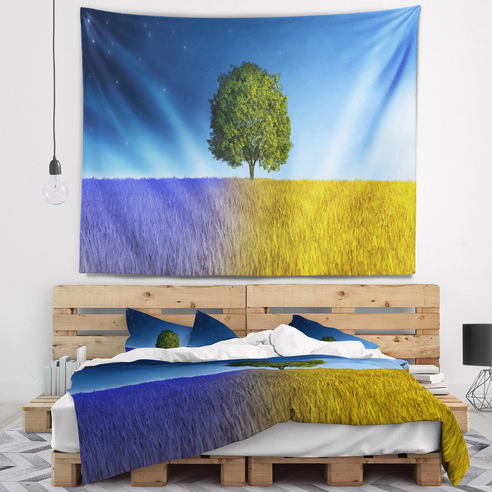 Tree in Night and Day Landscape Wall Tapestry, 39"x32"