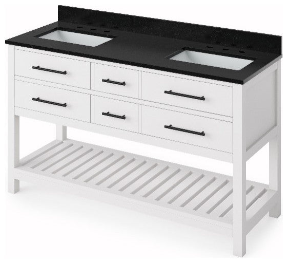 Wavecrest Contemporay White 60" Double Bowl Vanity, Black Granite Top