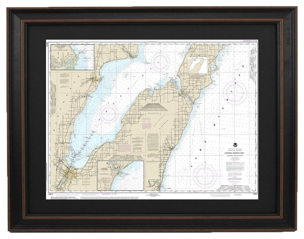 Poster Size Framed Nautical Chart, Lake Michigan Lower Green Bay, 36x27
