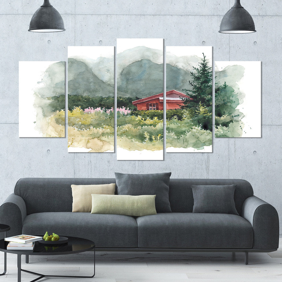 Watercolor House Aad Mountains, Landscape Canvas Art Print, 60"x32", 5 Panels
