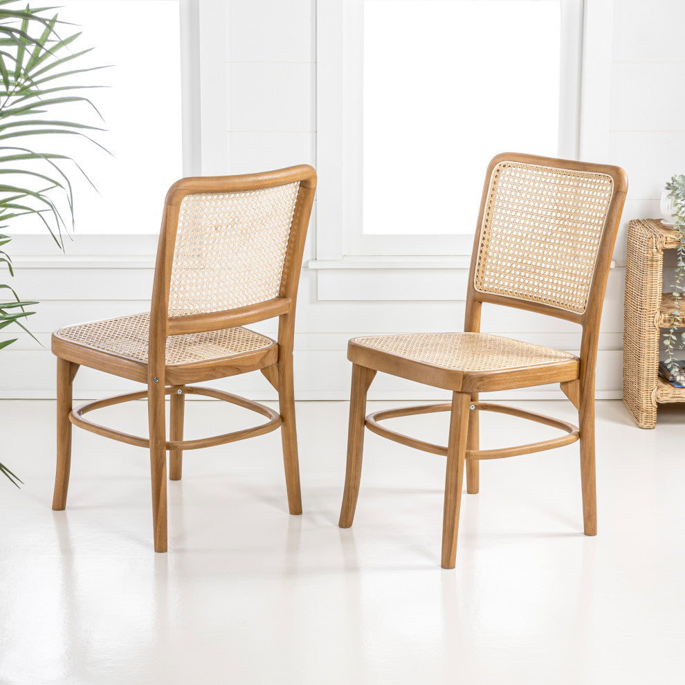 Colmar Mid-Century Vintage Wood Rattan Dining Chair, Natural, Set of 2