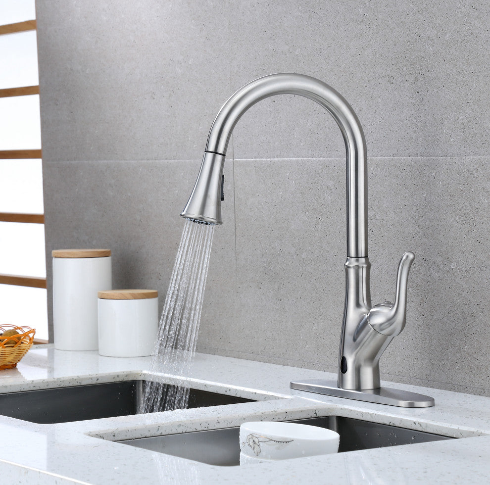 Runfine Hands Free Single-Handle Pull down Sprayer Kitchen Faucet, Brushed Nicke