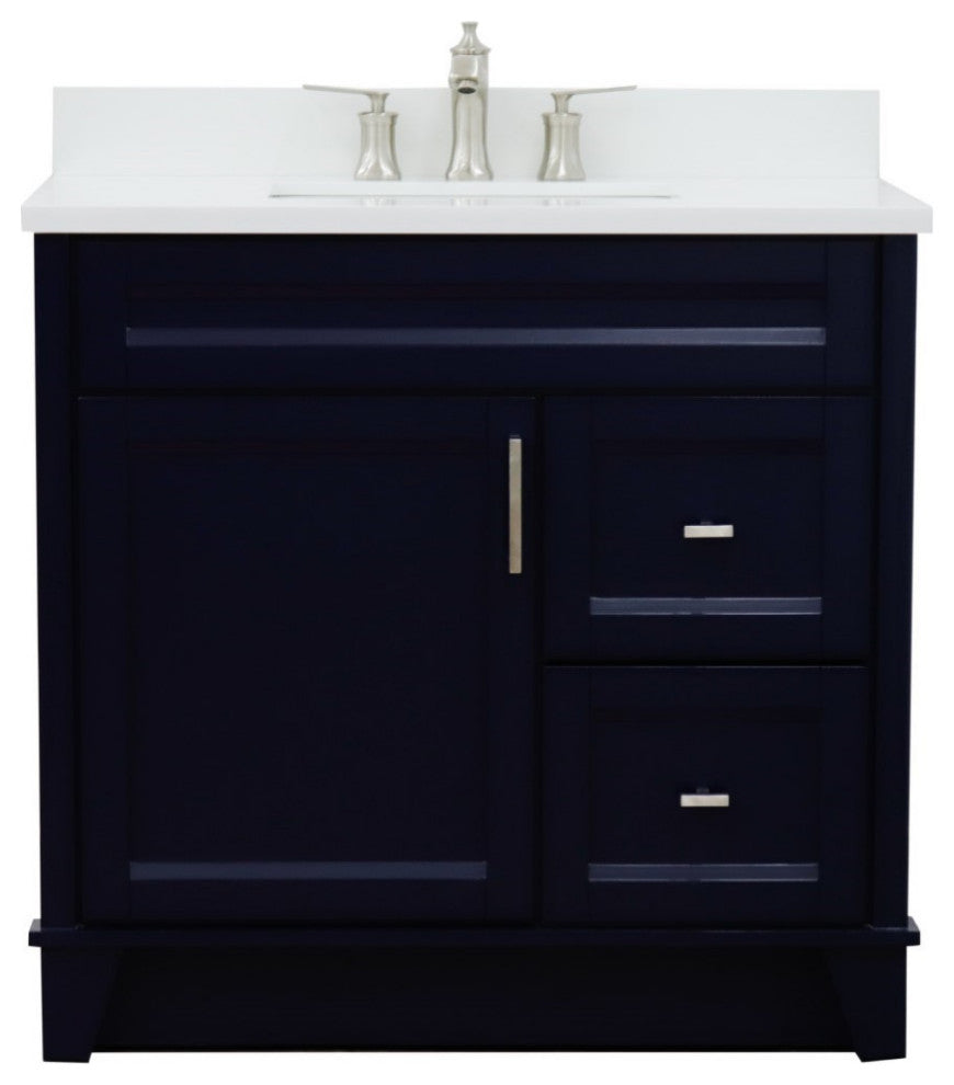 37" Single Sink Vanity, Blue Finish With White Engineered Stone Top