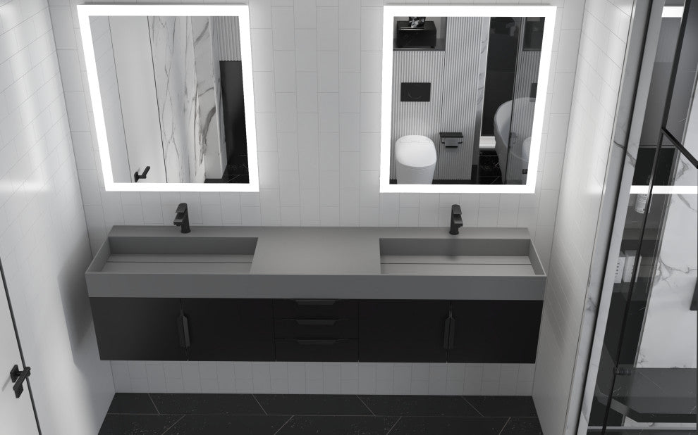 CastelloUSA Amazon 84" Wall Mounted Bathroom Vanity Set, Black, Gray Top, Black Handles