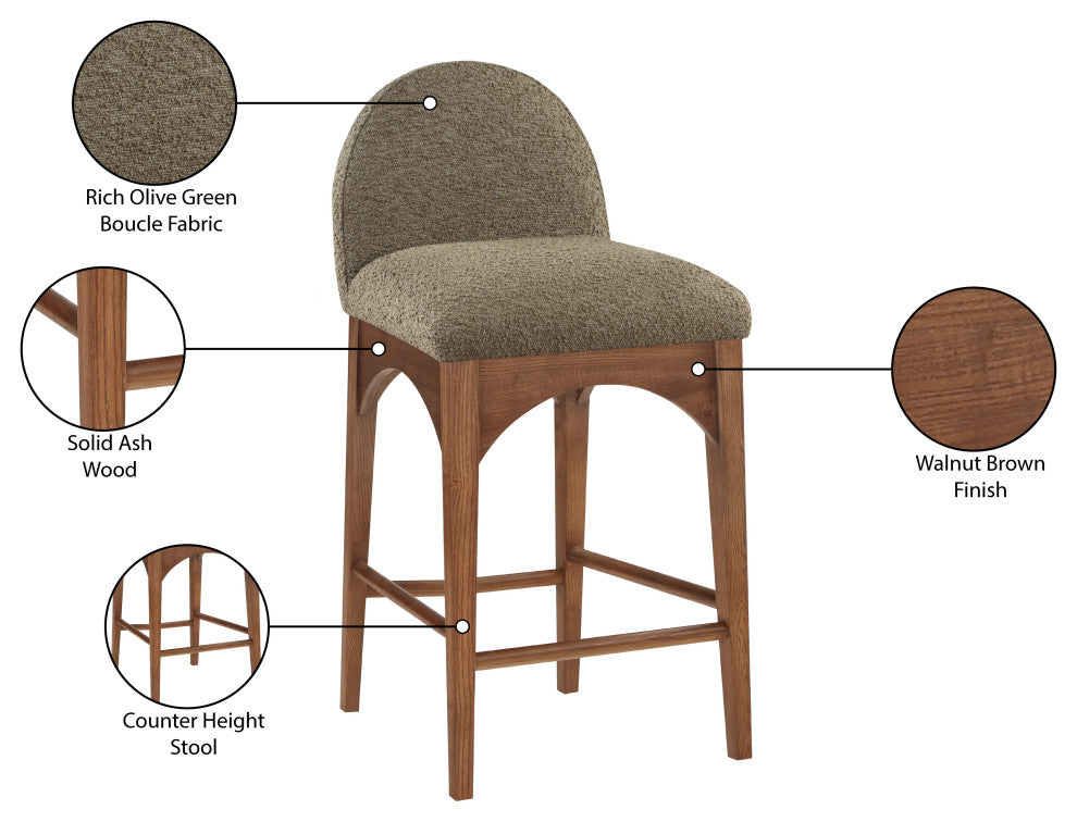 Waldorf Chenille Upholstered Stool, Black, Chenille, Natural Finish, Olive, Boucle Fabric, Walnut Finish