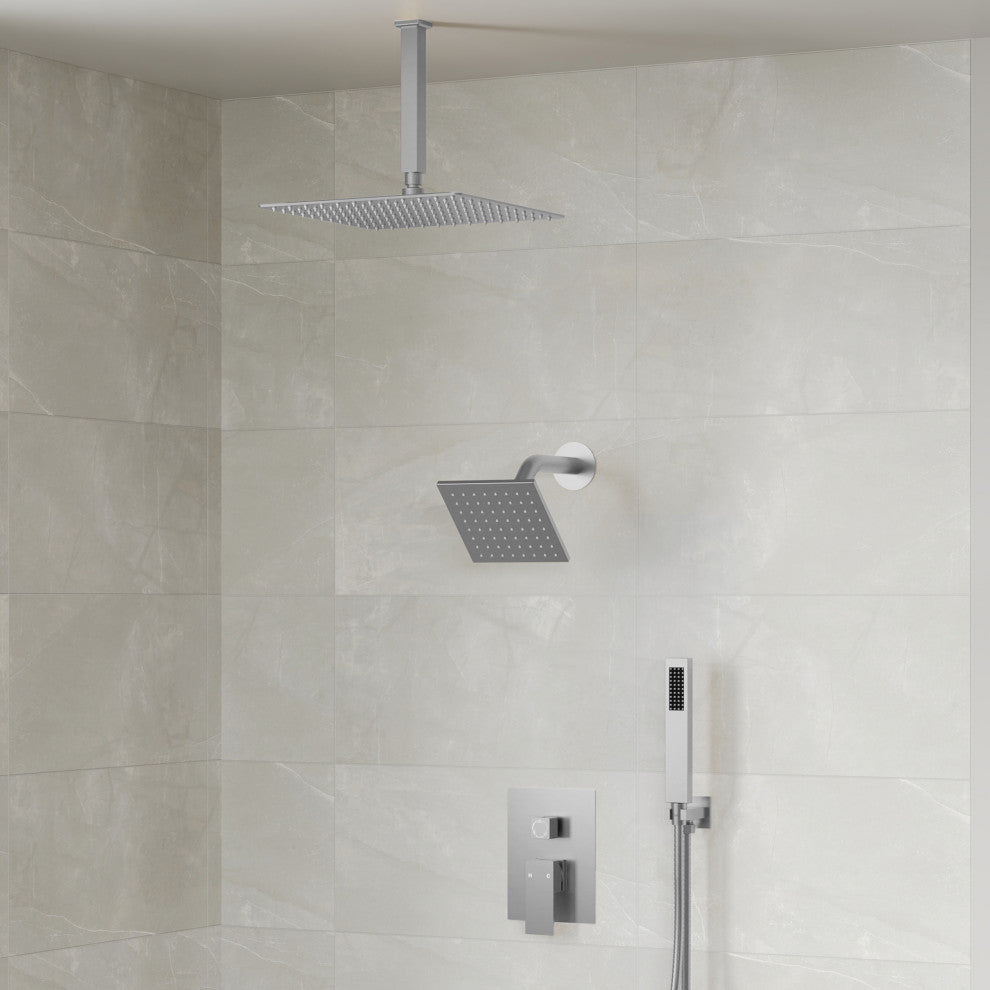 Dual Heads 3-Functions Shower System With Pressure Balancing Rough-In Valve, Brushed Nickel