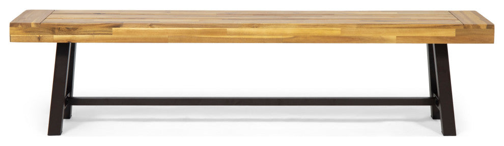 Marian Outdoor Acacia Wood Bench, Teak Finish, Rustic Metal