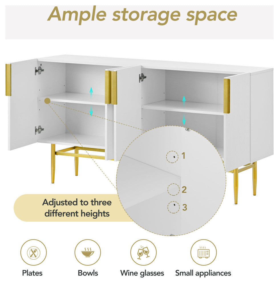 TATEUS 60" Modern Elegant 4-door Sideboard,Gold Metal Handle Storage Cabinet, White
