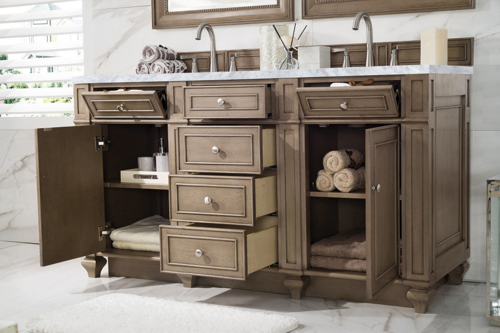 Bristol 60" Double Vanity Whitewashed Walnut, Carrara Marble
