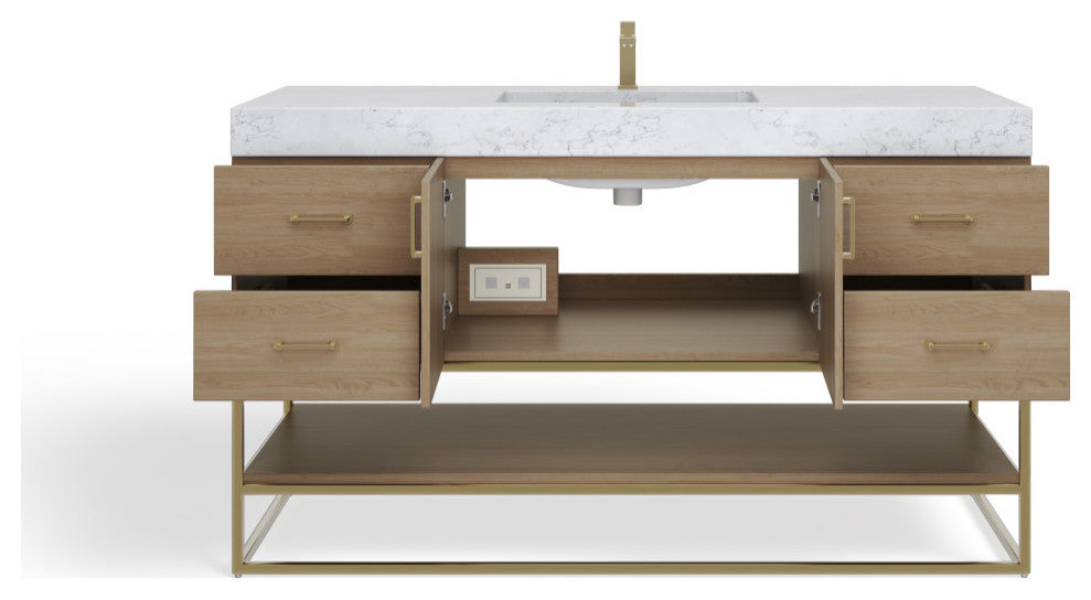 Bahia Bath Vanity, Oak, 60", Brushed Gold Hardware, Single, Freestanding