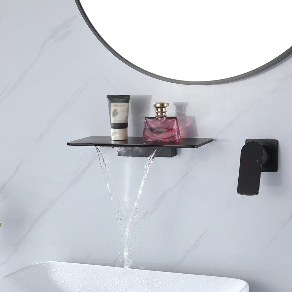 Waterfall Wall Mount Single Handle Bathroom Sink Faucet Solid Brass, Matte Black