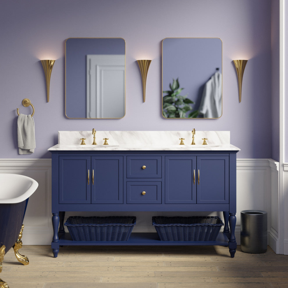 Beverly 60" Bath Vanity, Royal Blue, Carrara Marble, Double Vanity