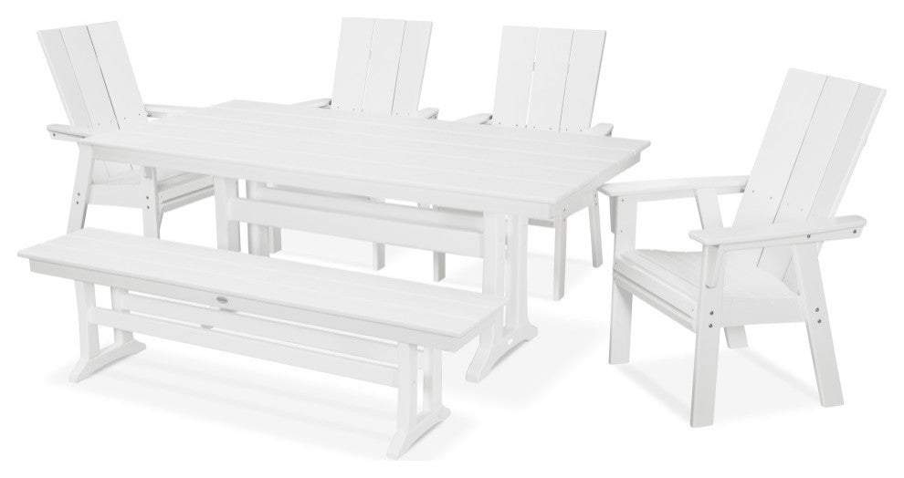 POLYWOOD Modern Adirondack 6-Piece Farmhouse Dining Set With Bench, White