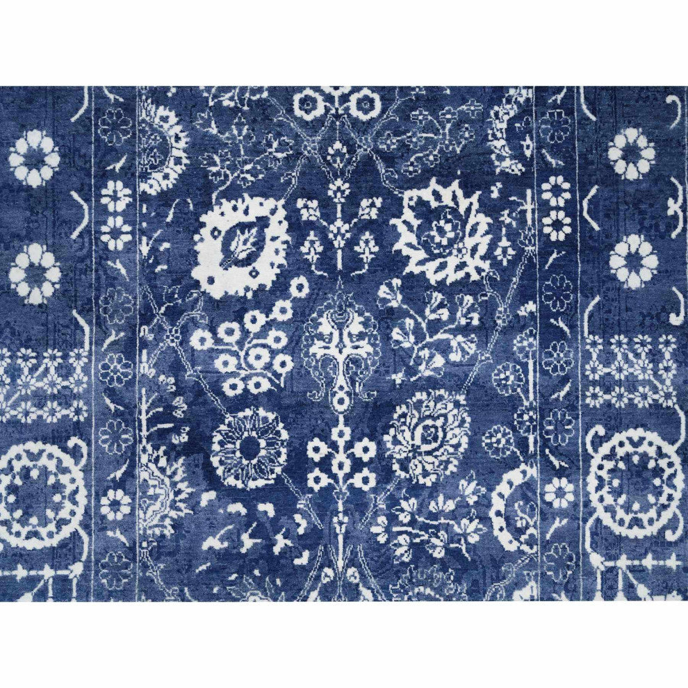 Tone On Tone Tabriz Hand Knotted Wool and Silk Blue Oriental Rug, 6'0" x 8'10"