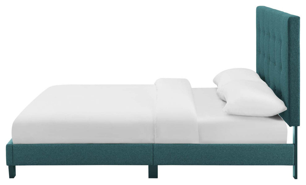 Contemporary Modern Bedroom Twin Size Platform Bed Frame, Fabric, Aqua Blue