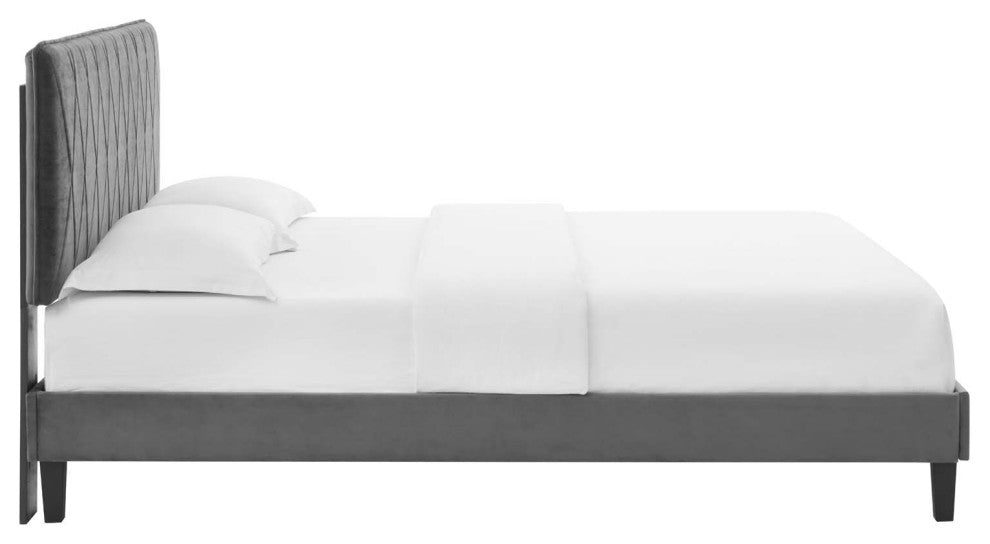 Platform Bed Frame, King Size, Velvet, Dark Gray, Modern Contemporary