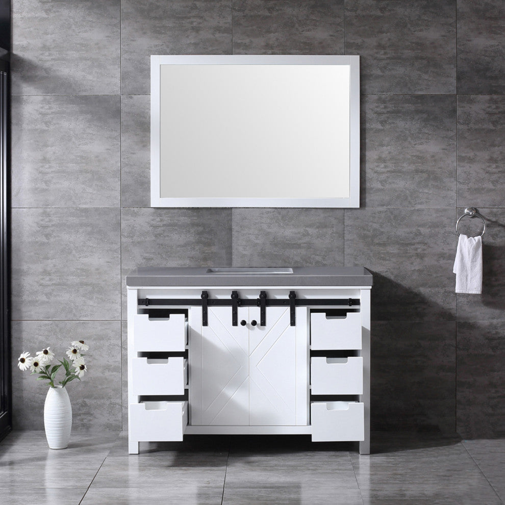Marsyas 48" Single Vanity Cabinet Gray Quartz Top Square Sink, 44" Wall Mirror