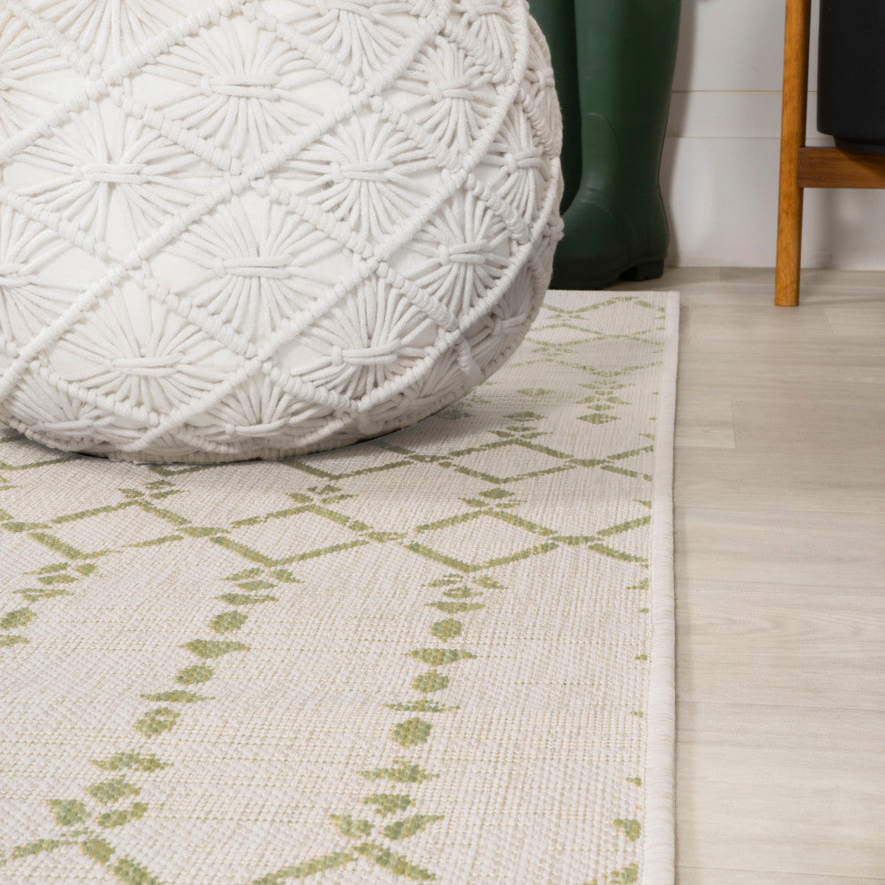 Ourika Moroccan Geometric Indoor/Outdoor Rug, Cream/Green, 2x10