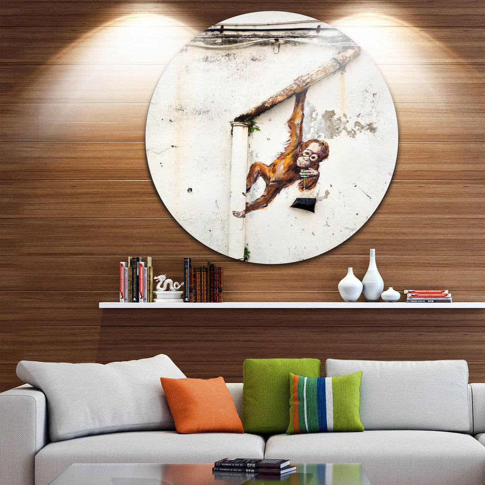 Baby Orangutan Hanging From Pipe, Street Art Disc Metal Wall Art, 23"