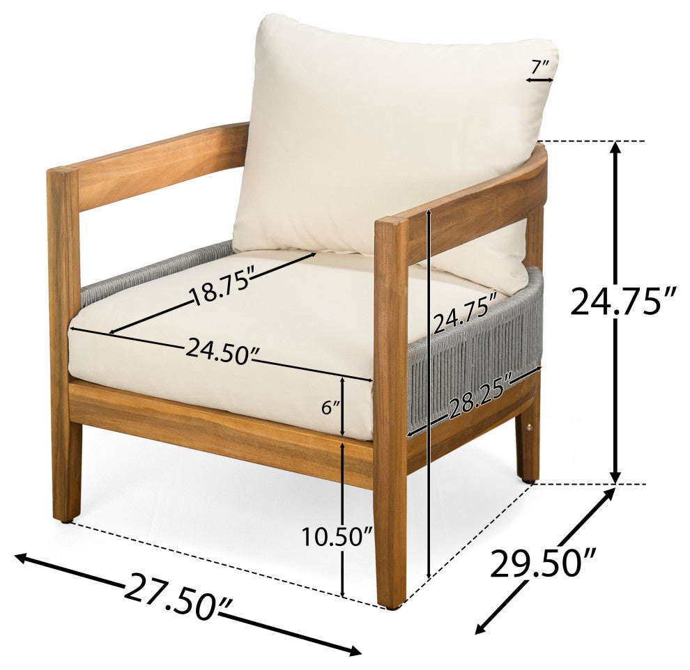 GDF Studio 4-Piece Outdoor Acacia Wood Chat Set With Cushions, Rattan Accents