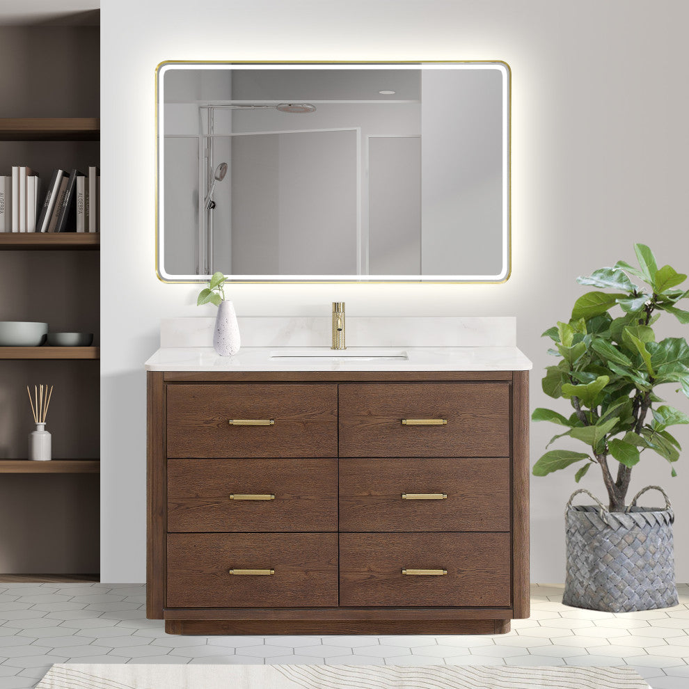 Porto Bath Vanity with White Quartz Stone Top, Dark Brown Oak, 48 in., No Mirror