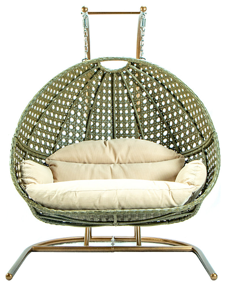 LeisureMod Wicker Hanging Double Egg Swing Chair, Beige