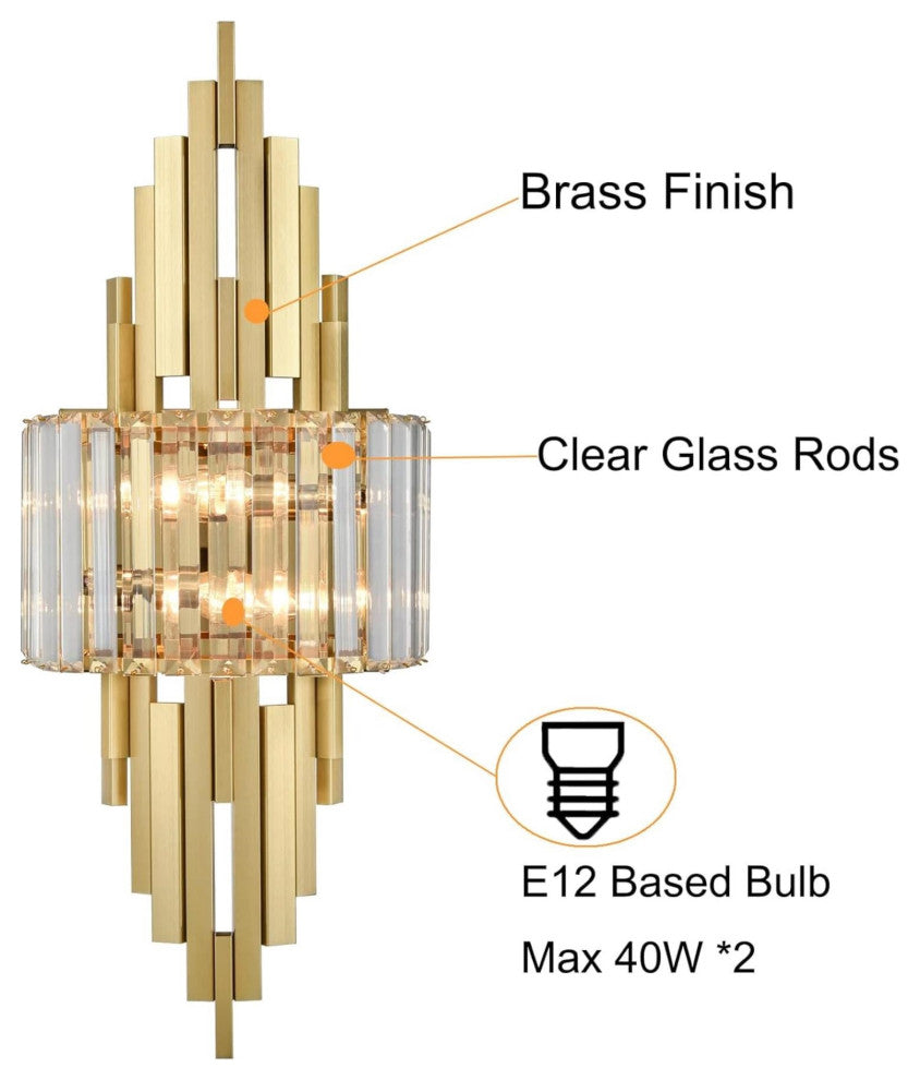Modern Brass 2-Light Crystal Glass Wall Sconce