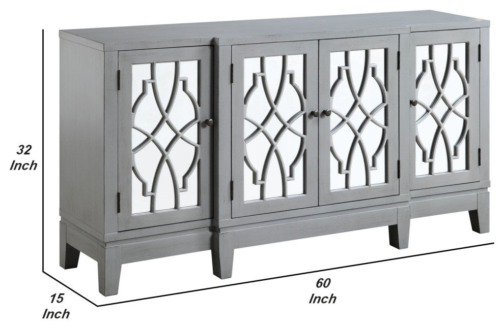 Benzara BM251334 Console Table With 4 Glass Doors and Geometric Front, Gray