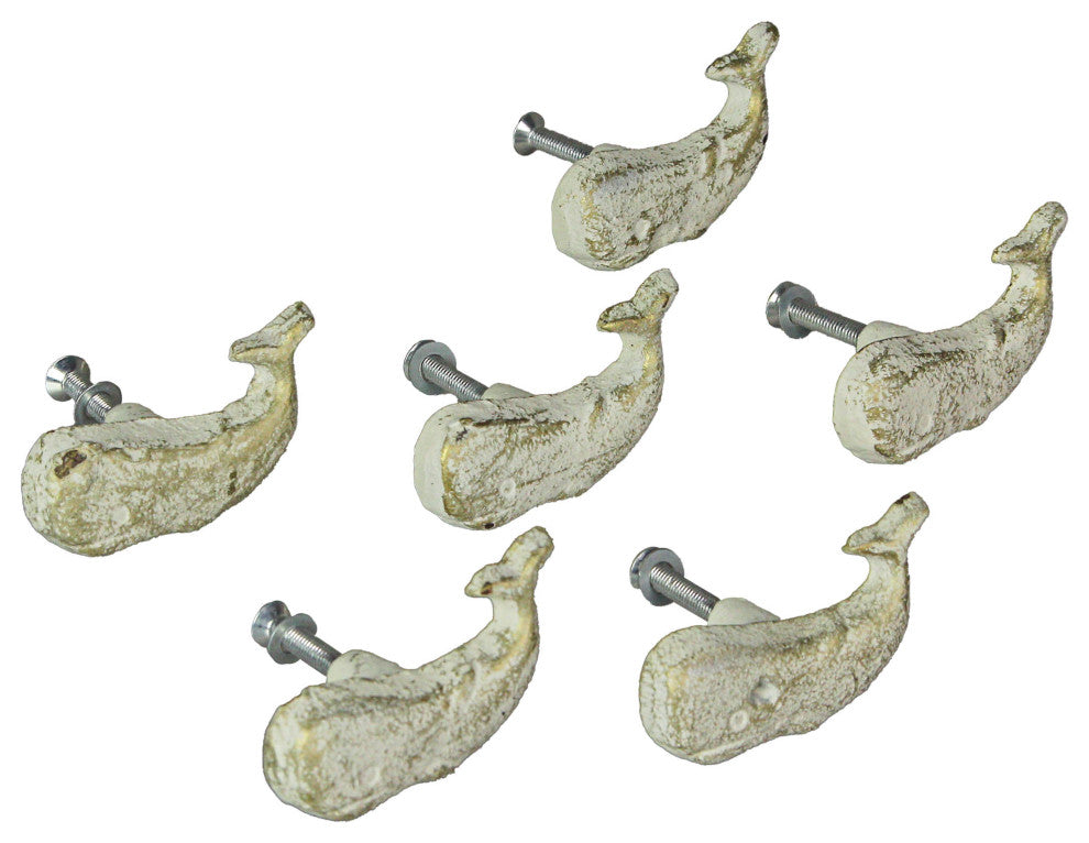 White Cast Iron Whale Drawer Pull Decorative Nautical Cabinet Knobs Set of 6