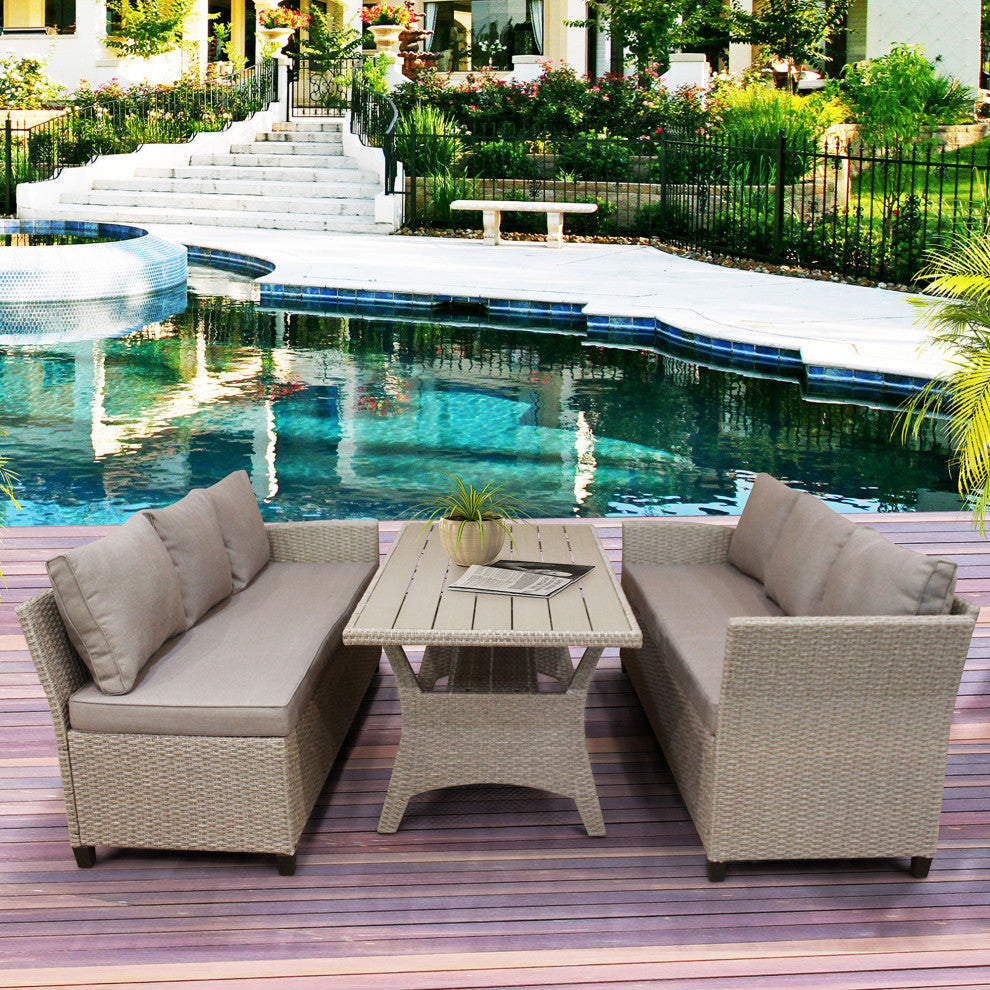 3 Pieces Outdoor Rattan Patio Sectional Sofa Set With Cushions and Table