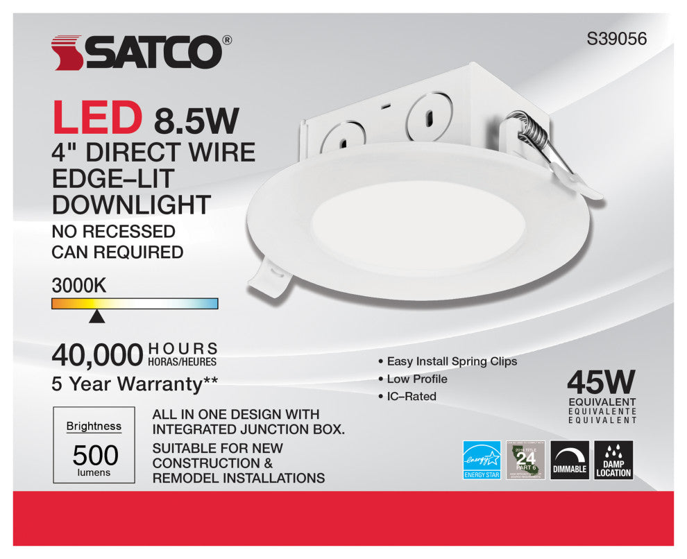 8.5 Watt LED Downlight - Edge-lit - 4 in. - 3000K - 120 Volt - Dimmable