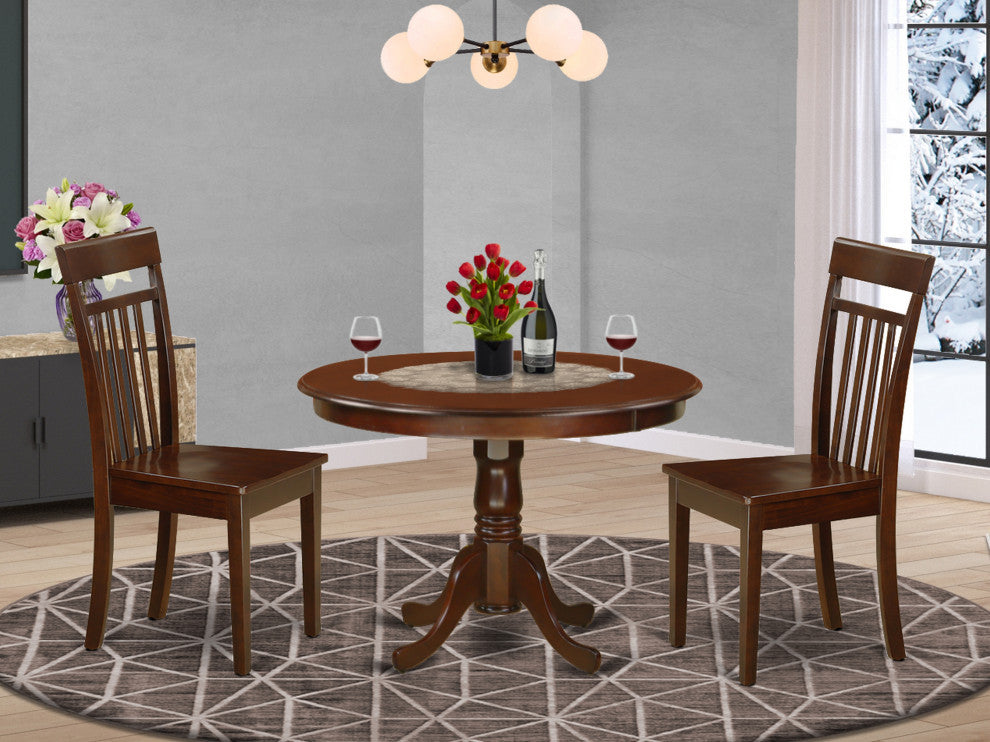 3 Pc Set With A Round Dinette Table And 2 Leather Kitchen Chairs, Mahogany