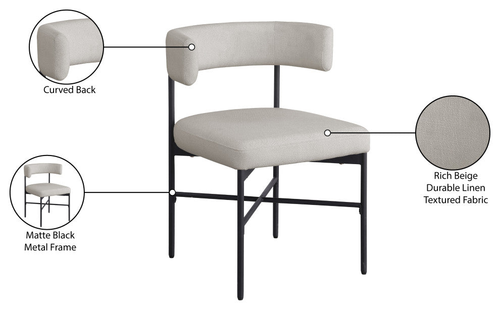 Rivage Durable Linen Textured Fabric Dining Chair, Set of 2, Beige, Matte Black Finish