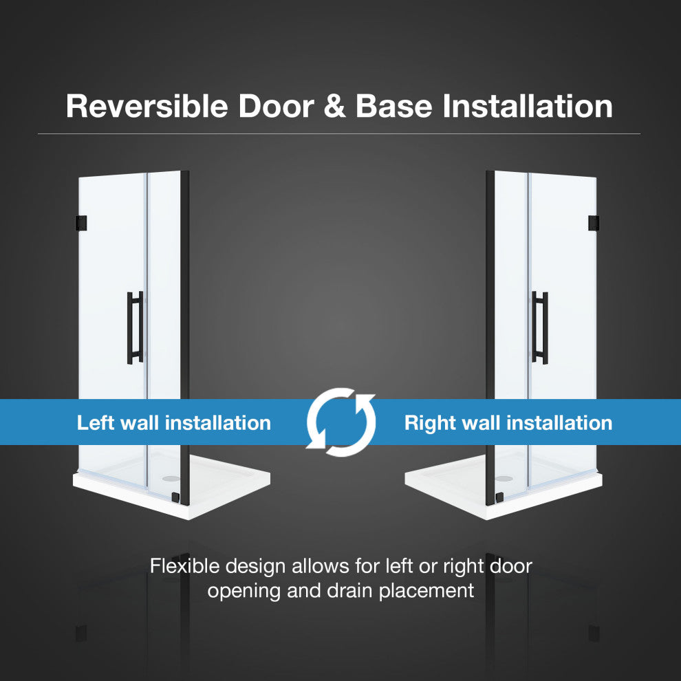 Panama Alcove Frameless Pivot Hinge Shower Door Kit With Base Pan, 2025, Black, 36x32"