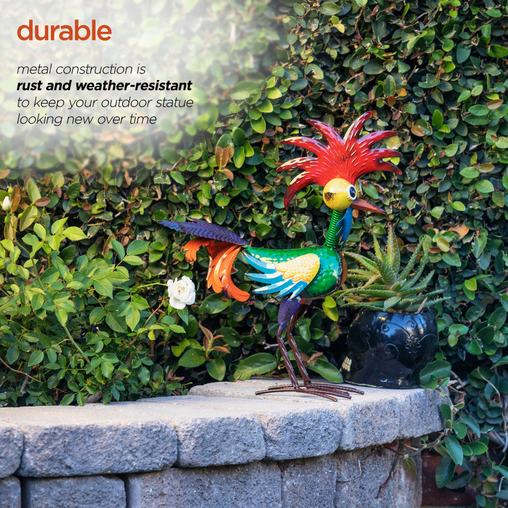 Alpine Wacky Tropical Metal Rooster Decor Statue, 17"