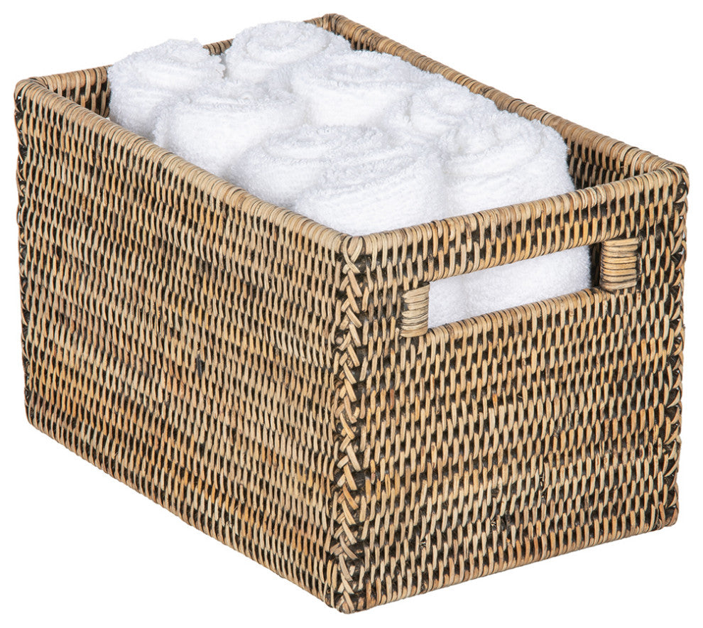 La Jolla Rattan Shelf Basket with Handles, Small, Black-Wash