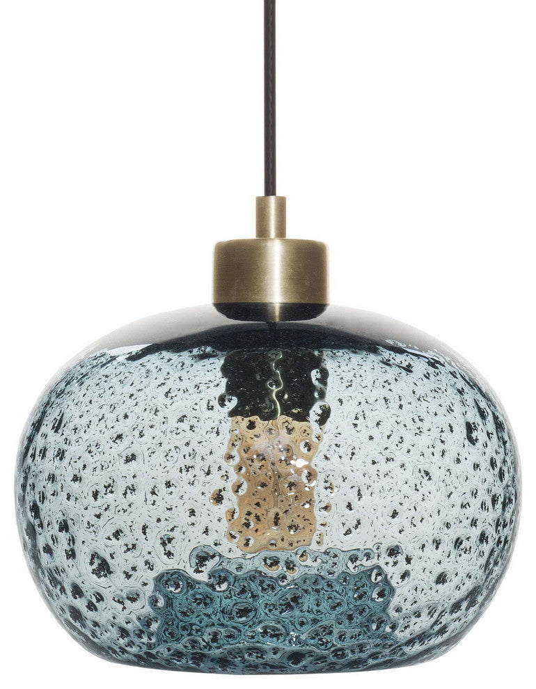 Mini Pendant Light Handblown, Light Blue, 6"x9", Brushed Brass