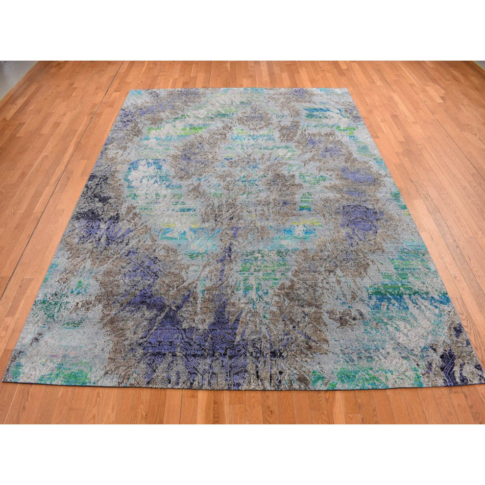 Battleship Gray Diminishing Coins Silk With Wool Hand Knotted Rug 8'9"x11'10"