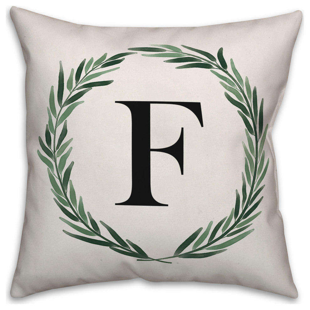 Watercolor Greenery Wreath Monogram - F 18x18 Spun Poly Pillow