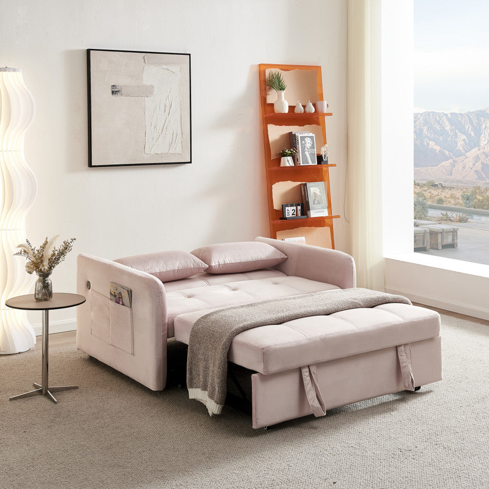 TATEUS 55.5" Twins Pull Out Sofa Bed Velvet for Small Room Pink