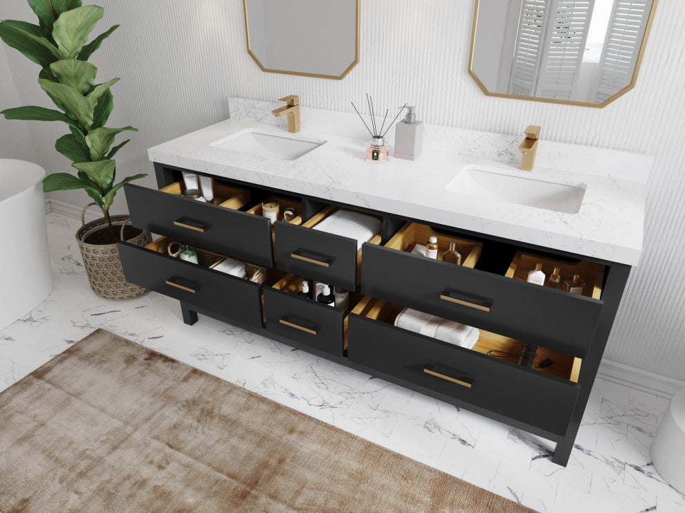 Parker 72" Double Sink Bath Vanity, Black 2" Carrara Quartz